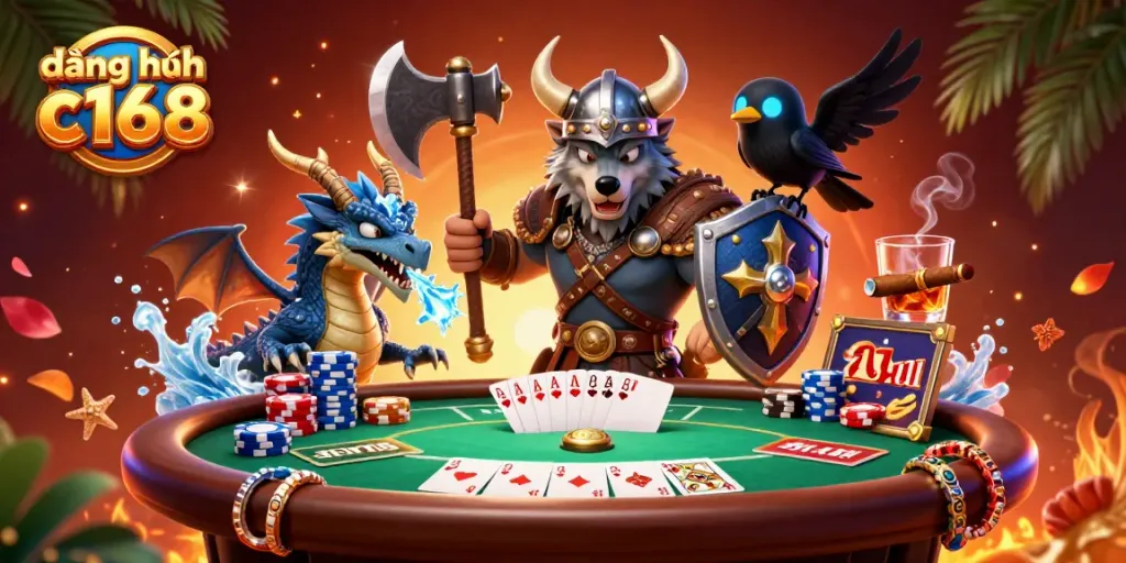 Engage in fun gameplay at đăng nhập c168 with cartoon Viking warrior and a fierce dragon in a vibrant casino scene.