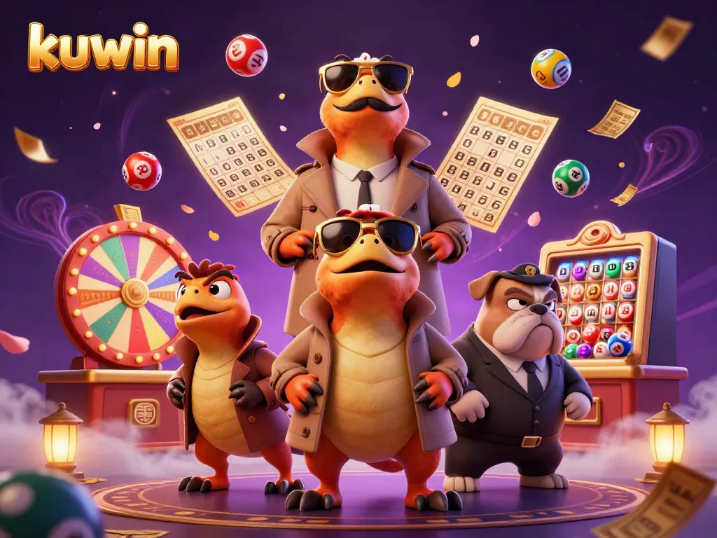 kuwin raptors entering casino lounge, animated scene filled with vibrant lottery elements