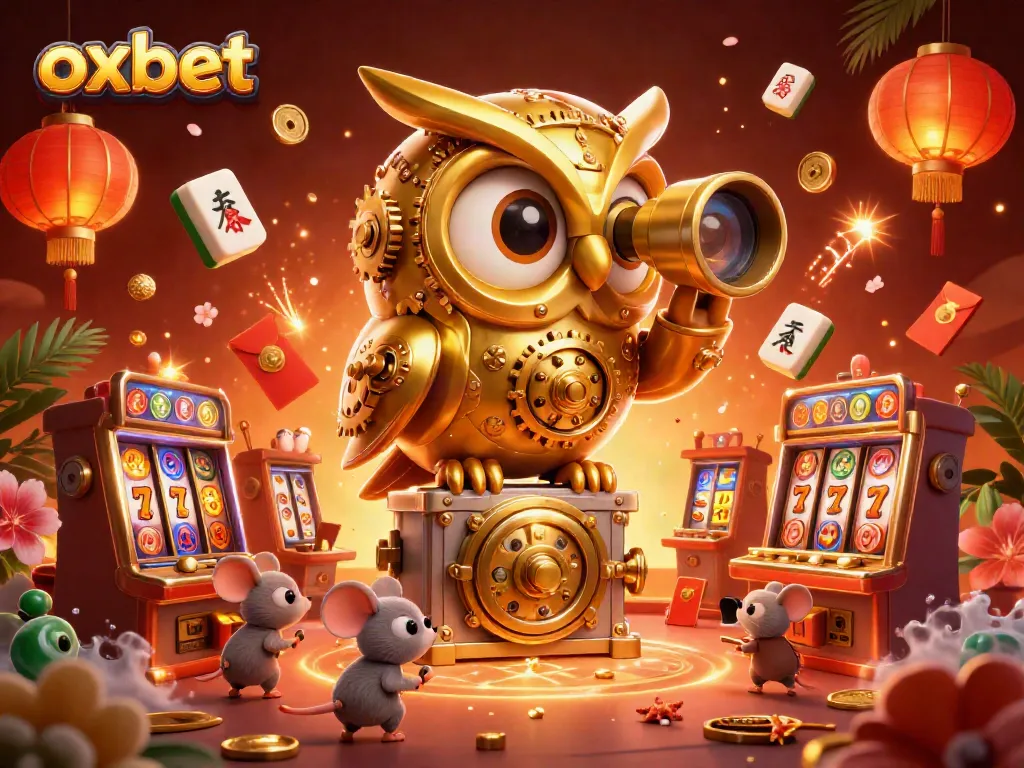 Experience thrilling gameplay at oxbet with casino scenes featuring a golden owl, vibrant lights, and festive decorations.