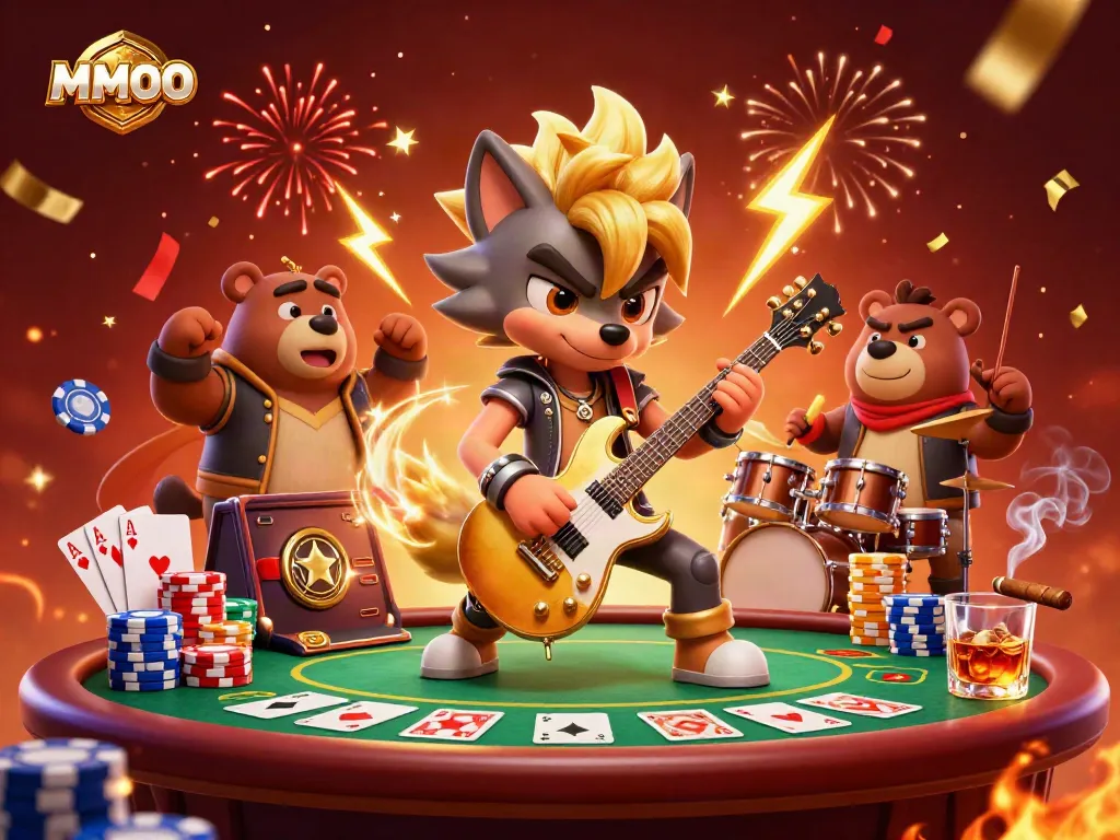 Experience MMOO with a lively casino stage featuring characters playing guitar and drums surrounded by poker elements.