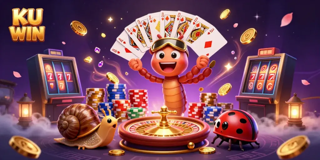 Engage with KU WIN at an animated casino featuring a millipede dealer, chip stacks, and vibrant game elements.