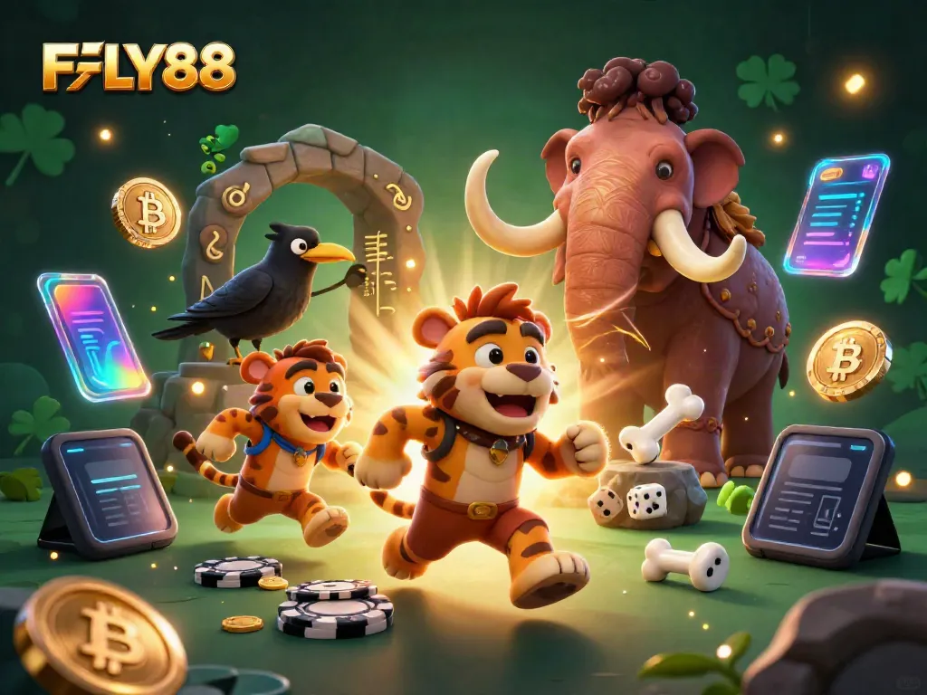 Experience thrilling gaming at FLY88 with a vibrant cartoon scene showcasing prehistoric characters and crypto elements.