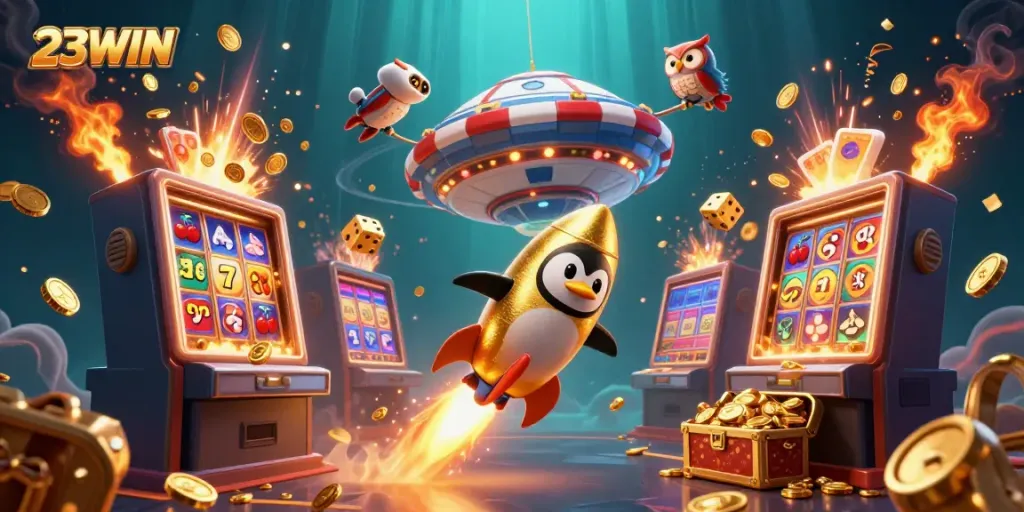 Experience thrilling gameplay at 23WIN with a golden penguin soaring towards a jackpot explosion in an exciting casino adventure.