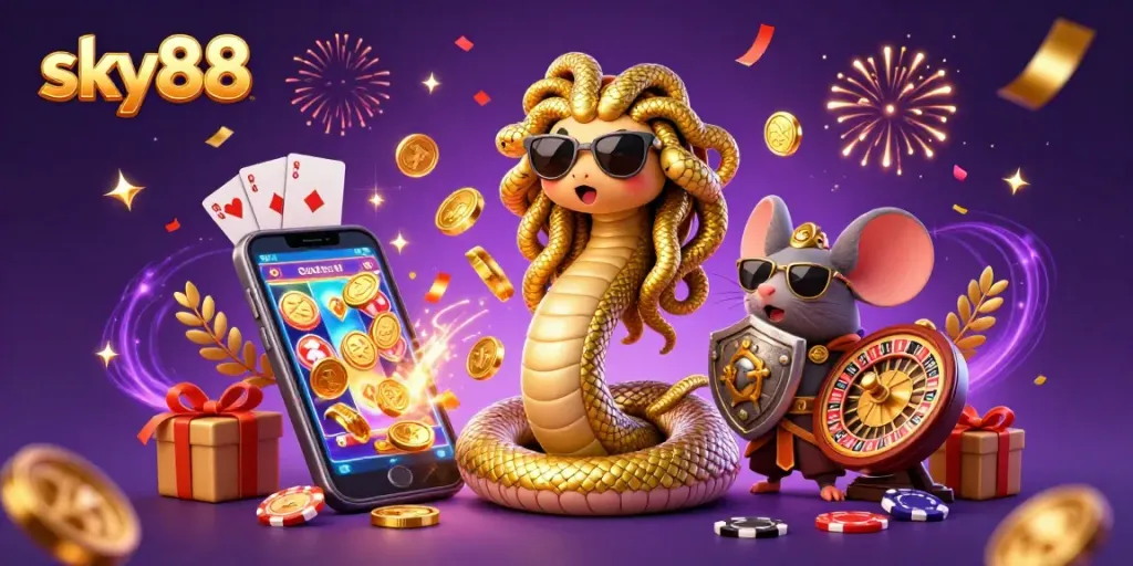 Engage with sky88's vibrant slots and casino games alongside friendly characters in a dynamic 3D scene.