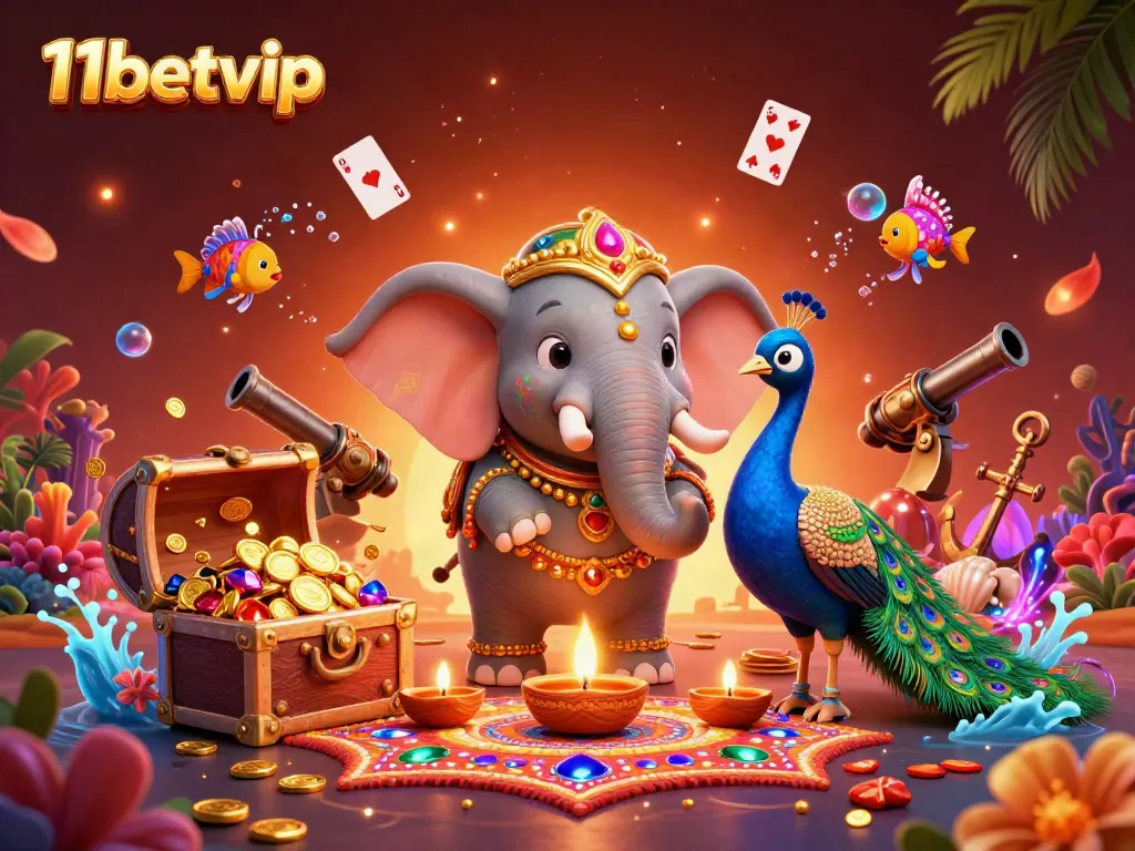 Engage with 11betvip through vibrant 3D casino imagery filled with luck and colorful game elements.