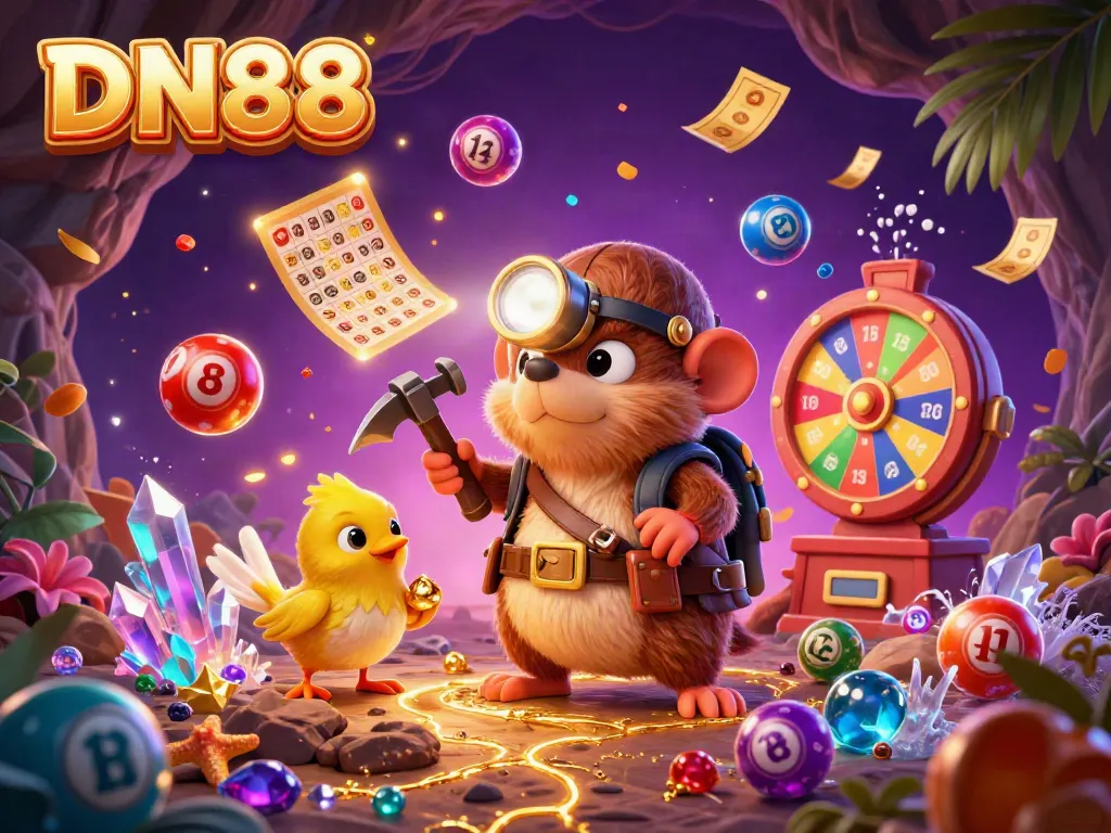 Engage in thrilling gameplay at DN88, where colorful lottery balls bounce around a treasure hunter mole amid sparkling gems.