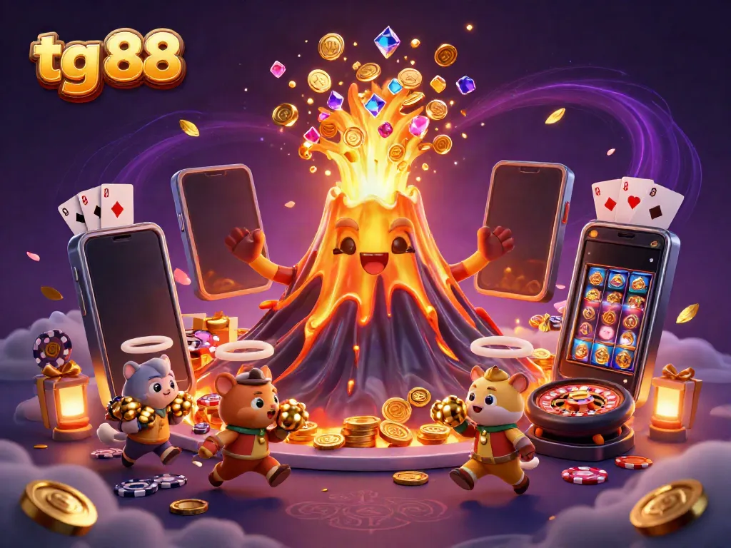 Experience the excitement of tg 88 with golden treasures erupting from a volcano and vibrant gaming elements.