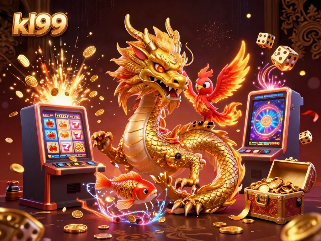 Engage in thrilling gameplay at KL99 casino with a dynamic scene of a dragon, phoenix, and coins.