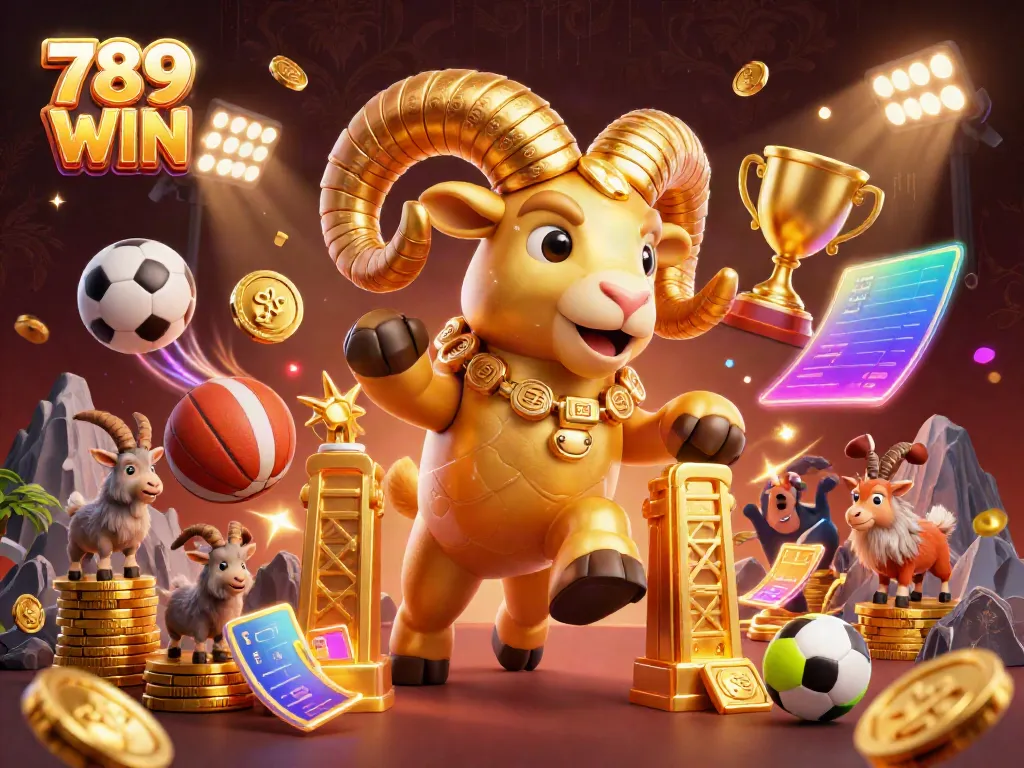 Experience exciting wins at 789 WIN with a dynamic scene featuring a golden ram charging with sports elements.