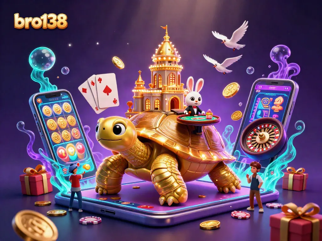 Win big with bro138 in a vibrant casino scene filled with golden coins and gaming action.