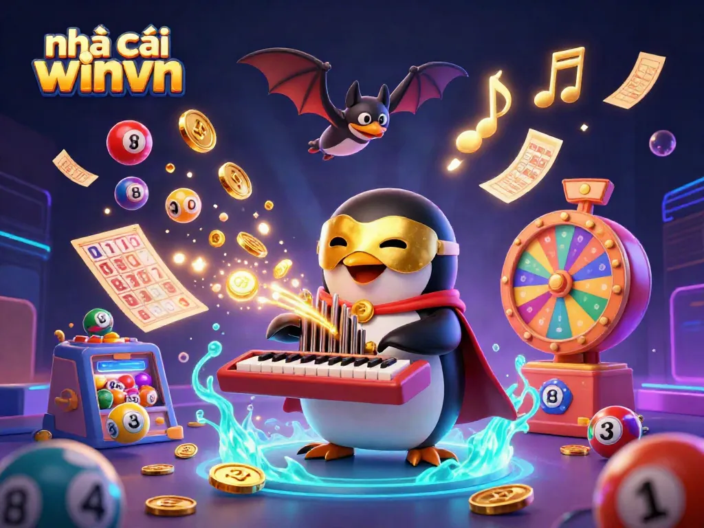 Engaging scene featuring nhà cái winvn with a penguin and bat in a dynamic casino setting