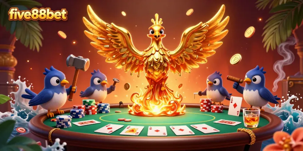 Experience winning strategies at five88bet with a captivating 3D scene of a golden phoenix and lively poker action.