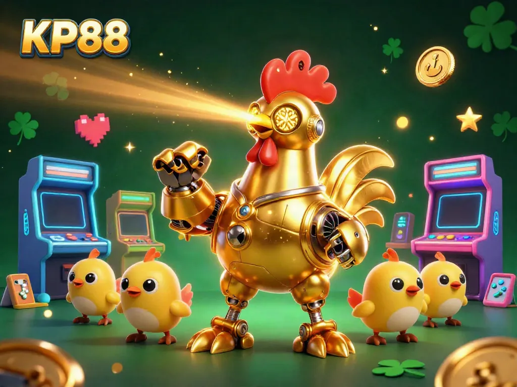 Engage with KP88's gaming world featuring a golden robot and baby chick drones surrounded by casino arcade elements.