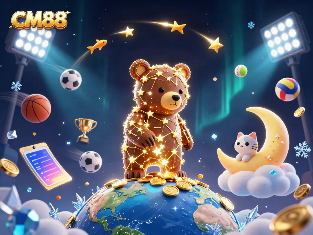 Experience the excitement of CM88 with a constellation bear in a vibrant casino scene.