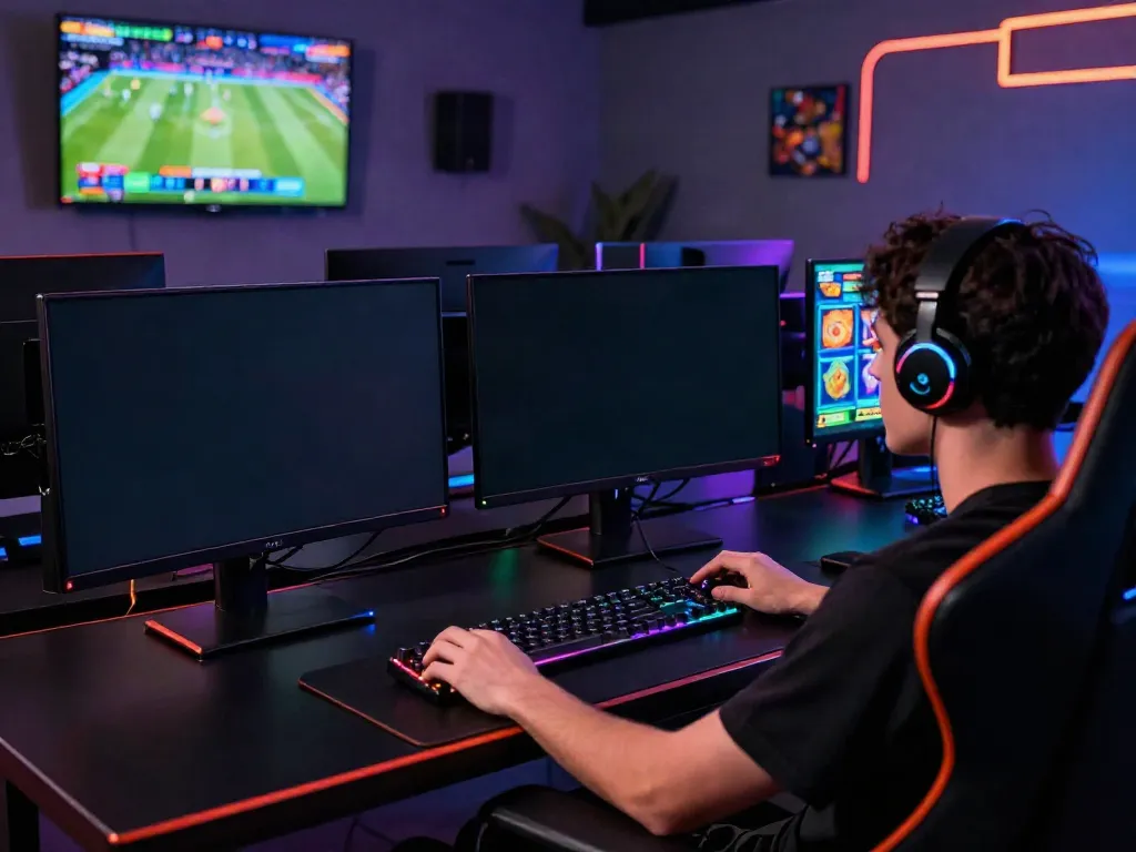 A80 gaming experience with a player engaged in vibrant online slot games and sports streaming.