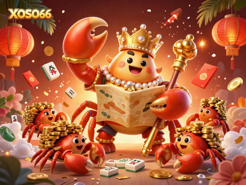 XOSO66 features a golden crab emperor with a treasure map amidst a vibrant casino scene full of games and celebrations.