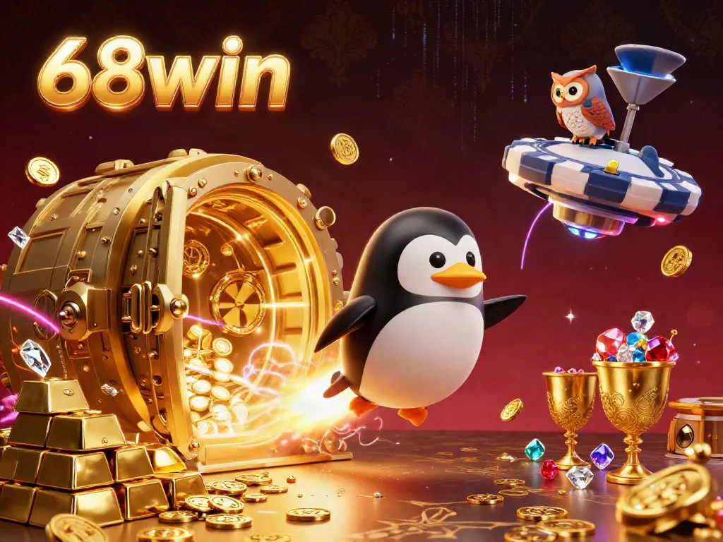 68win offers thrilling game play experiences with a golden penguin, treasure elements, and vibrant casino ambiance.