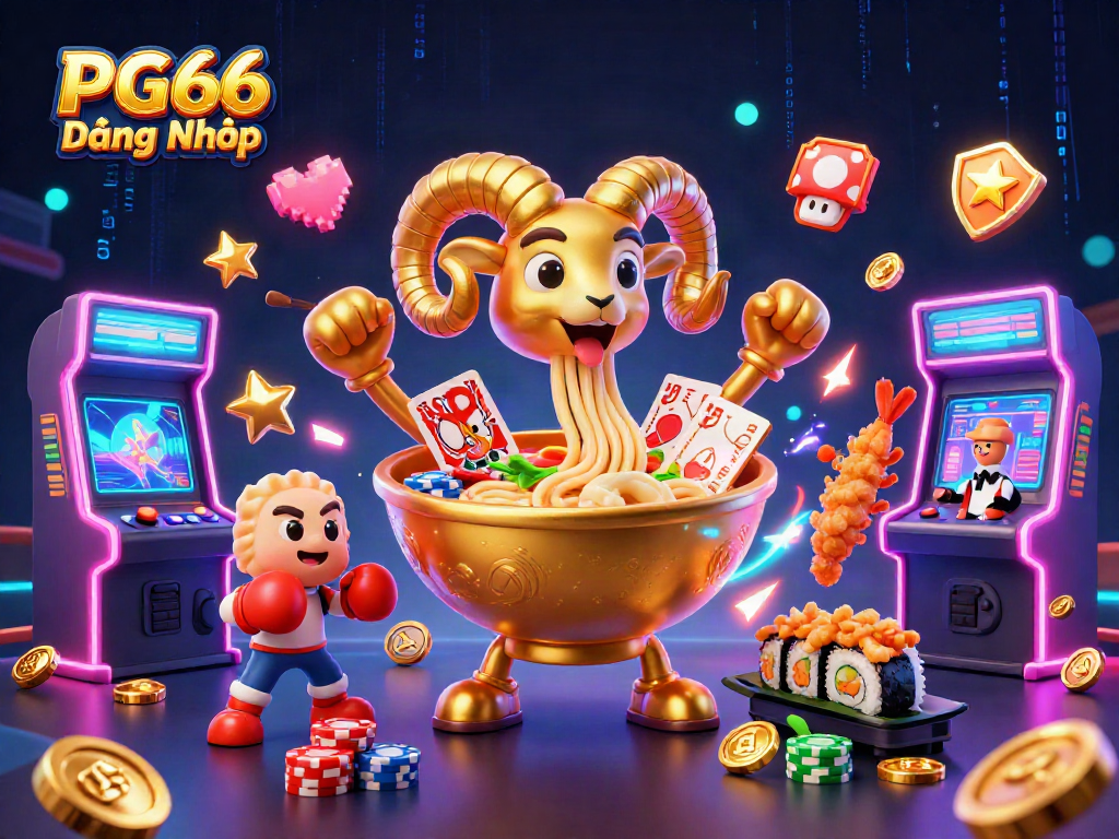 Engage with PG66 Đăng Nhập as a giant ramen bowl deals cards and stacks chips in an electrifying casino scene.