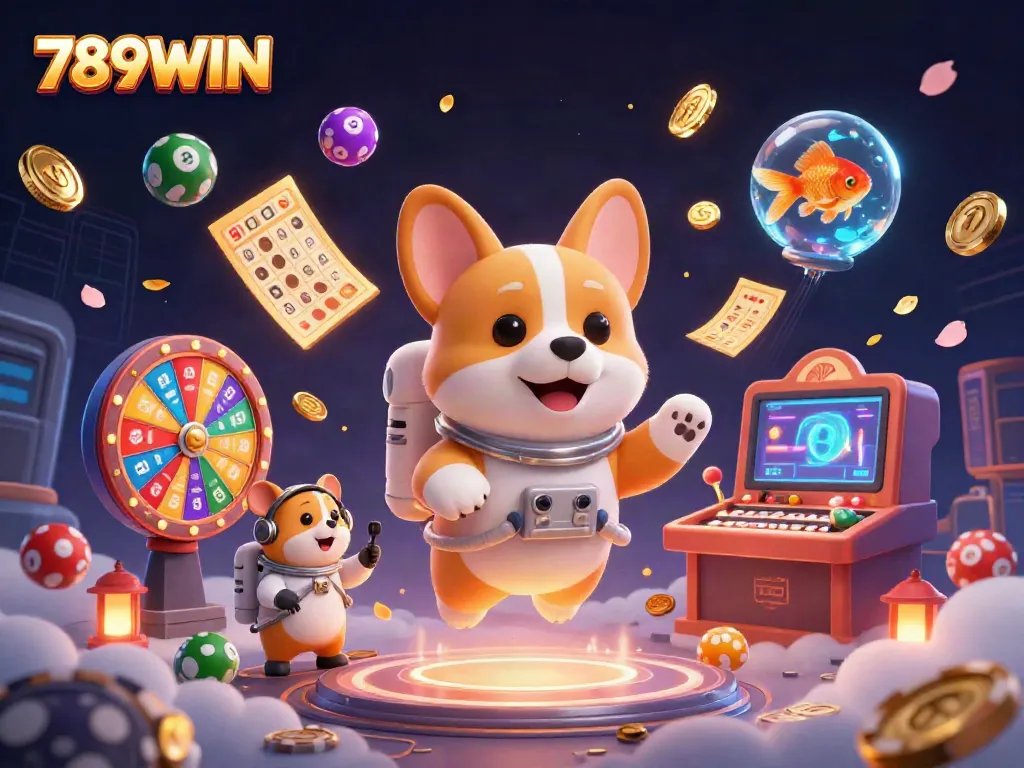 Engage in gaming excitement with 789WIN, featuring a corgi astronaut in a cosmic casino setting.