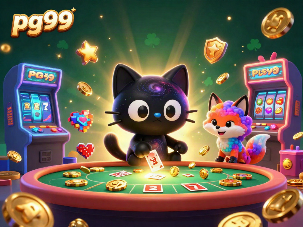 Experience pg99 excitement at a cosmic casino table where playful characters interact.