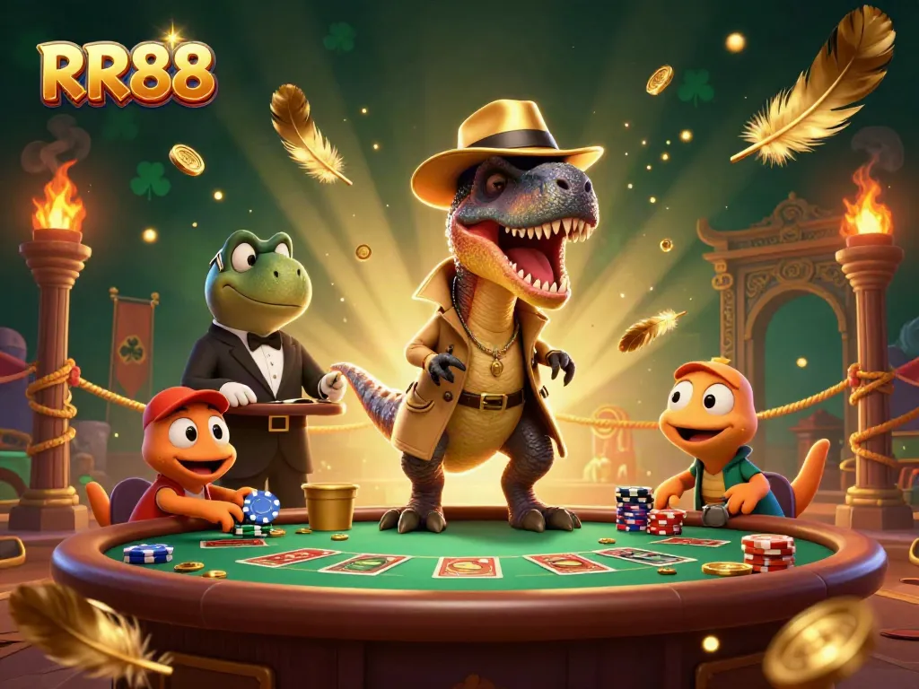 Experience the excitement of RR88 with a thrilling scene featuring a dinosaur card counter at a blackjack table.