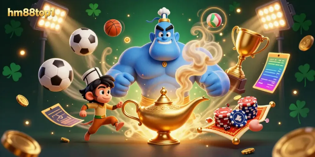 Experience thrilling gameplay with hm88top1's vibrant casino scene featuring a genie, monkey, magic carpet, and dynamic sports elements.