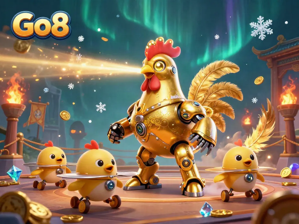 Engage in exciting casino gameplay with Go8's dynamic gaming scene featuring a golden rooster robot.
