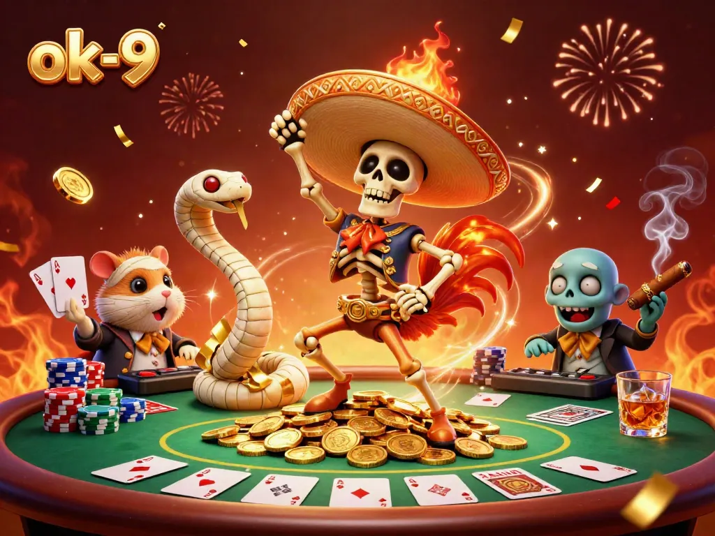 Experience thrilling victories at ok-9 with a vibrant celebration of poker and fortune represented by lively characters.