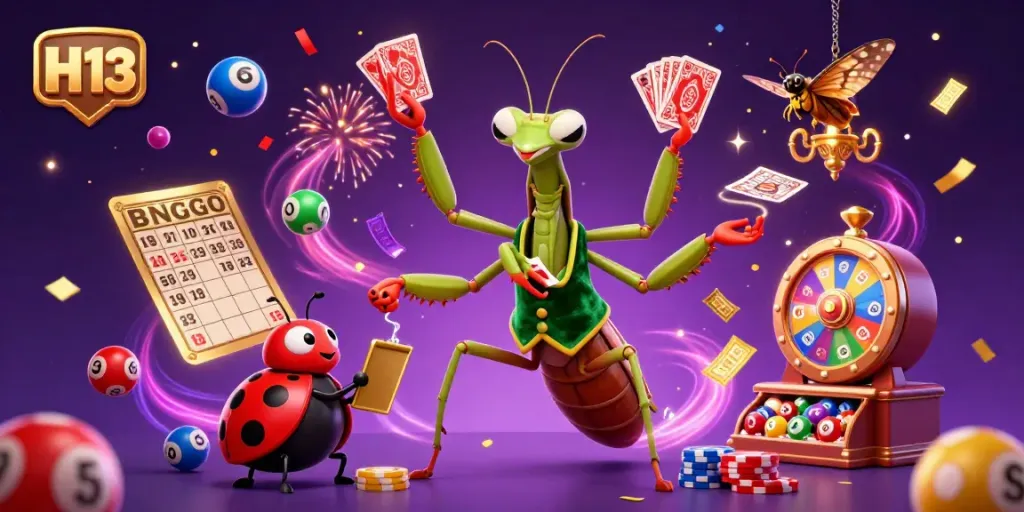 Experience the excitement of H 13 with a vibrant casino scene filled with card dealing mantis and colorful games.