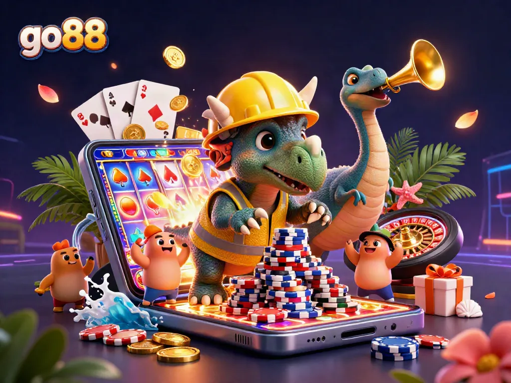 go88 banners players winning on slots amidst a vibrant casino scene featuring characters and coins