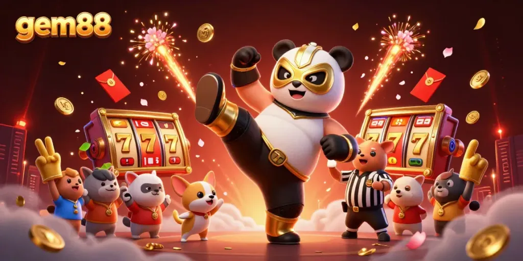 Experience the excitement of gem88 with a lively 3D dynamic casino scene featuring a wrestler panda and animated game elements.
