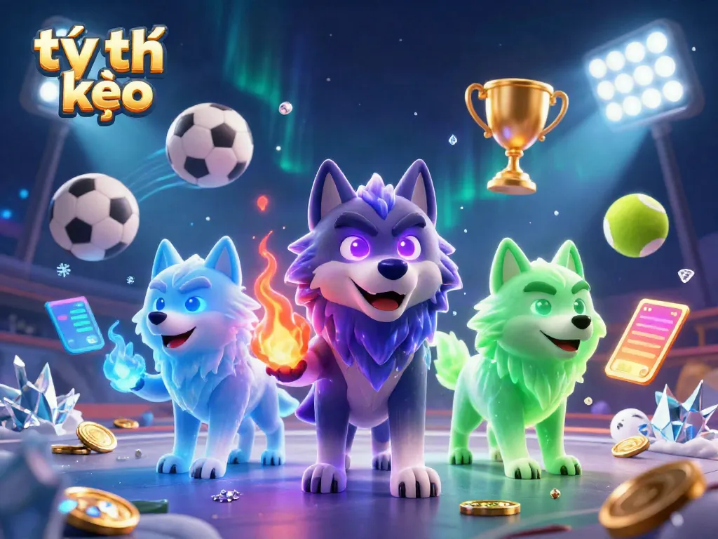Engage with tỷ lệ kèo in this vibrant 3D scene featuring dynamic sports elements and mystical wolves.
