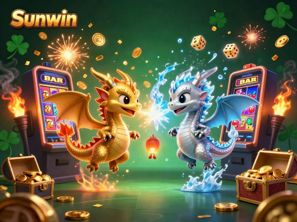 Experience thrilling jackpots with Sunwin in this dynamic casino scene featuring golden and silver dragons.