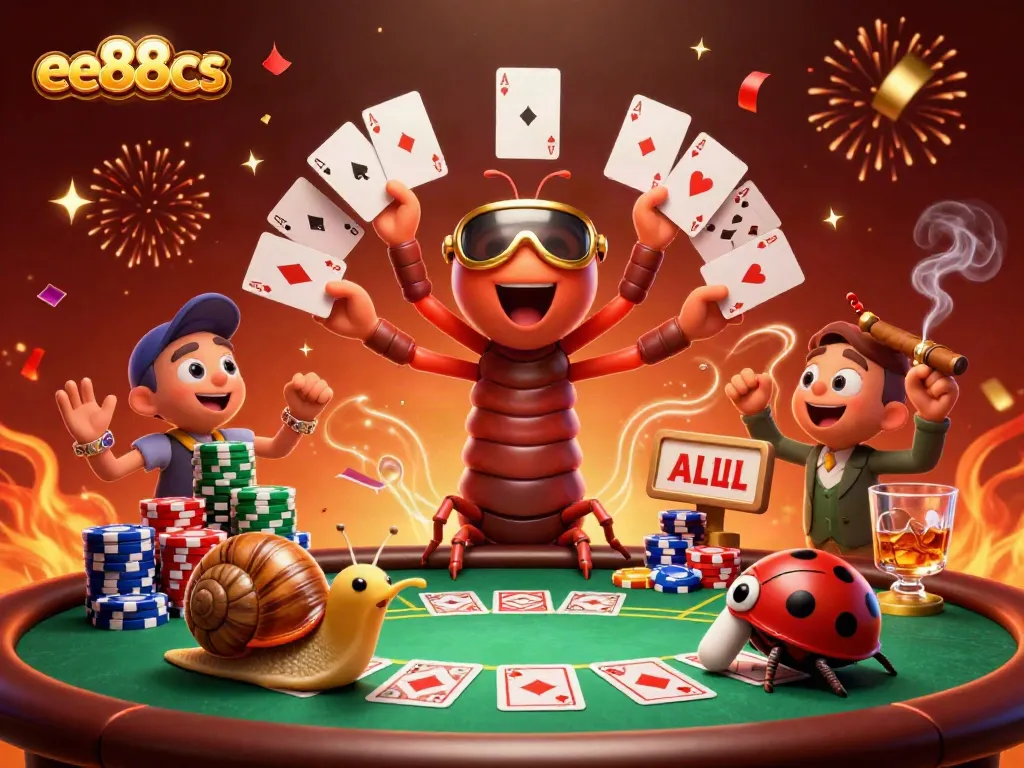 Experience the excitement of ee88cs with a high-energy 3D scene featuring a cartoon millipede dealer and vibrant casino elements.
