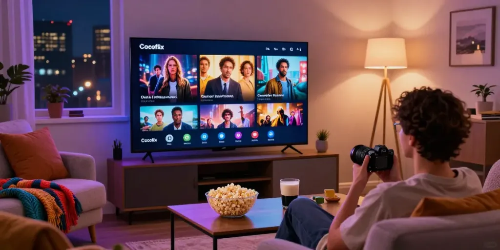 Relaxed evening at home streaming Cocoflix with cozy decor and popcorn.