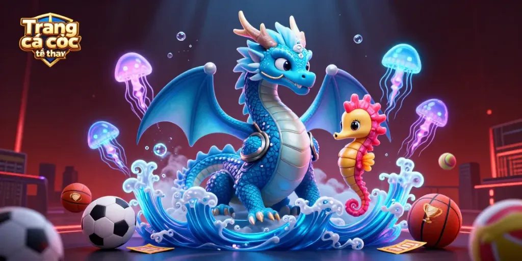 Experience Trang cá cược thể thao with vibrant sports symbols, dragon, and jellyfish in an engaging fantasy scene.