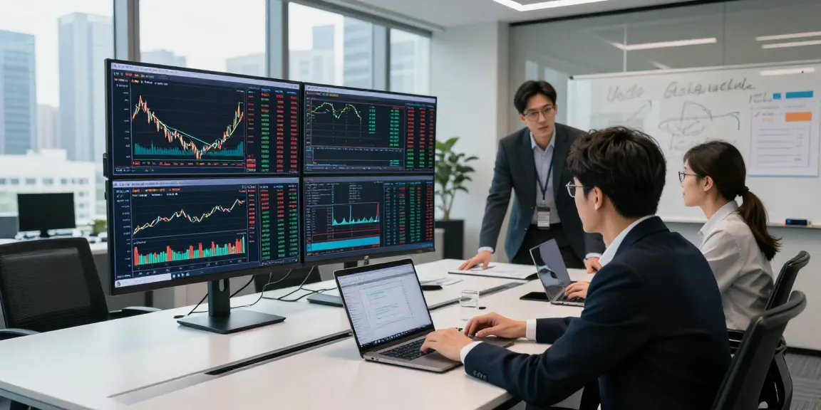 在高科技办公室中，专业人士分析实时港股成分股数据接口，展现高效交易策略和数据分析。