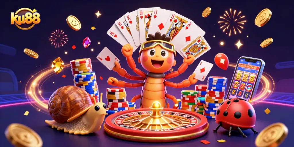 ku88 engaging action with a cartoon millipede dealer and high-roller at a vibrant casino scene