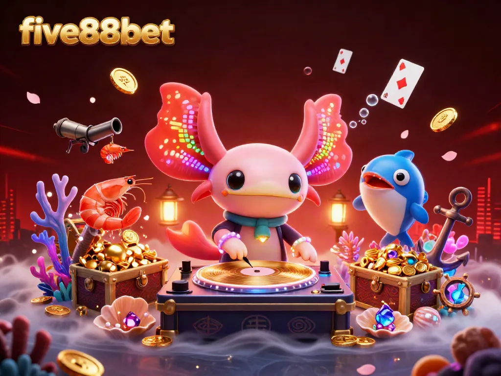 Experience thrilling wins with five88bet's vibrant underwater casino scene featuring a neon axolotl DJ.