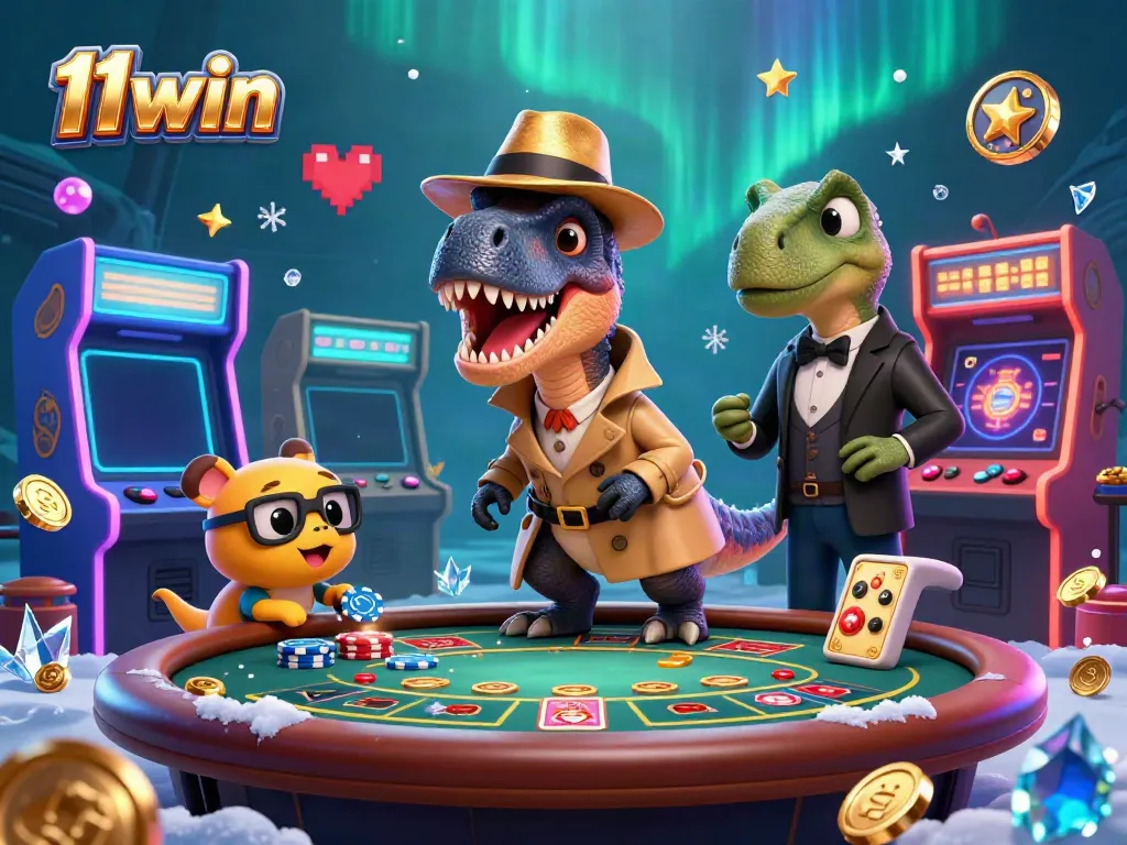 Play blackjack with the 11win velociraptor, stegosaurus pit boss, and pickpocket amidst vibrant casino elements.