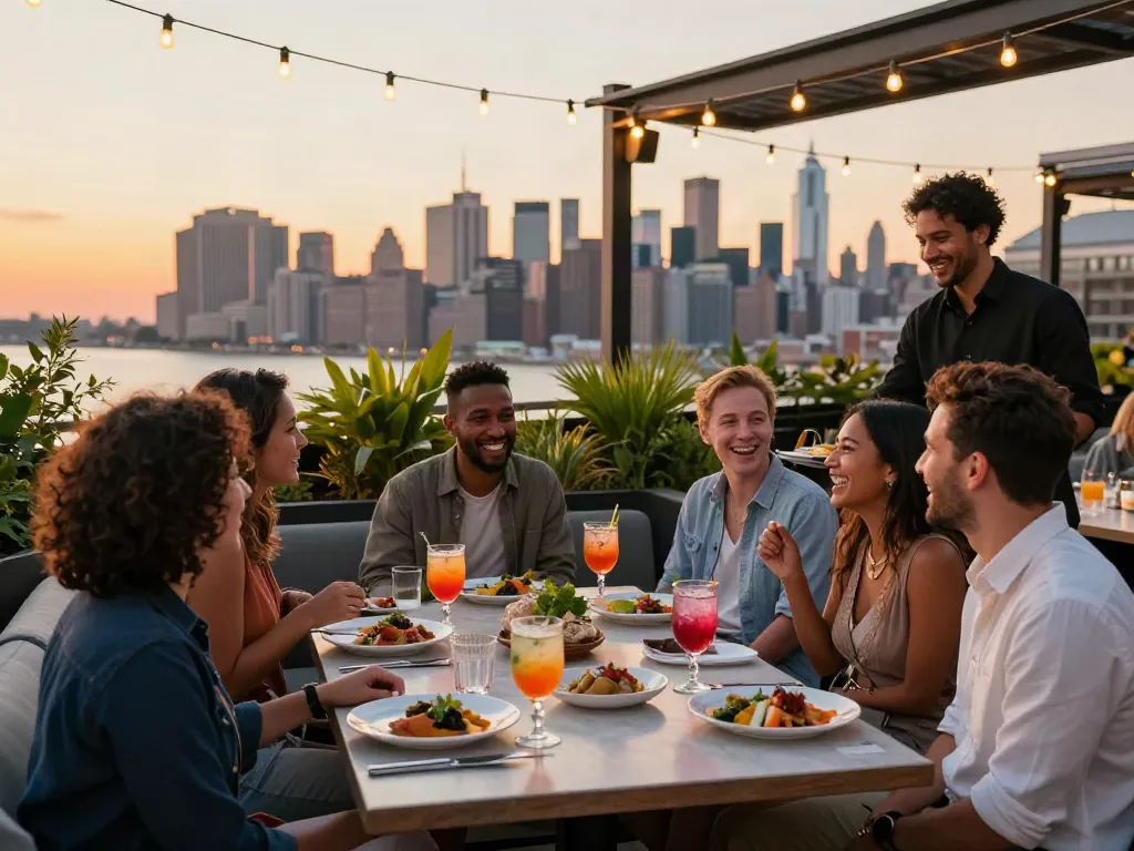 NoHu rooftop dining scene with friends enjoying sunset views and elegant dishes.