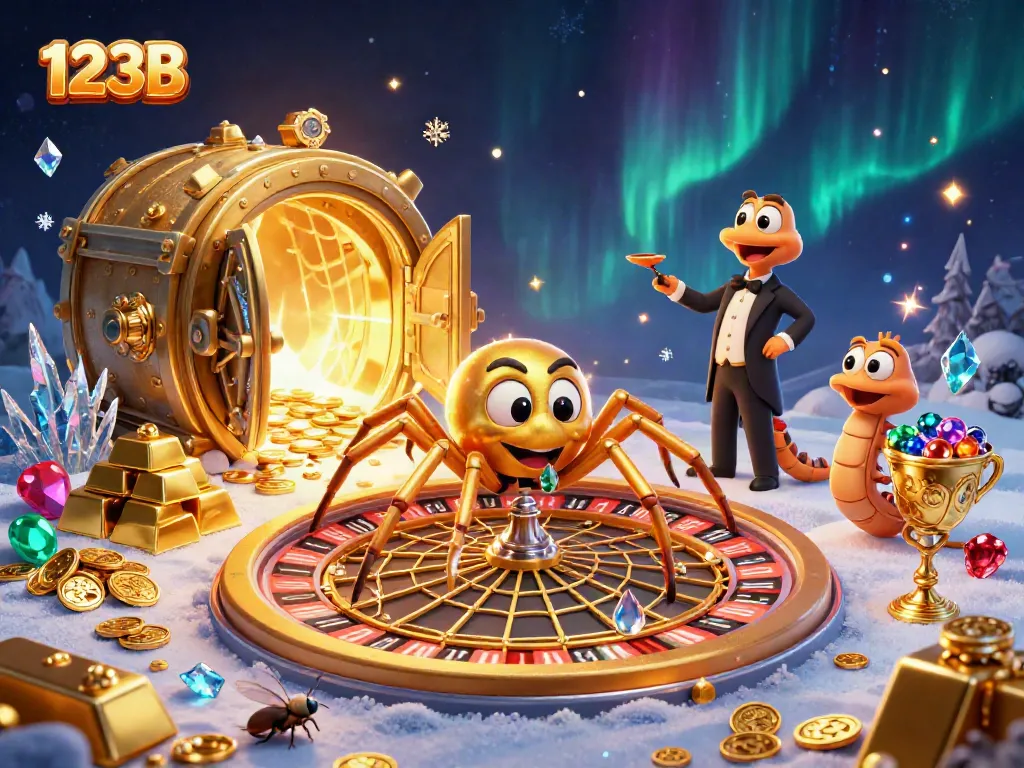 Experience thrilling bets at 123B with a golden web of roulette and captivating casino elements in a magical scene.