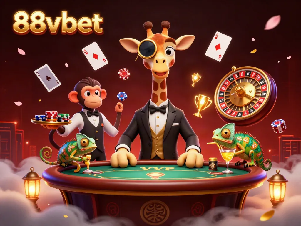 Experience lively high-stakes gaming with 88vbet featuring a giraffe, monkey, and chameleon in a vibrant casino scene.