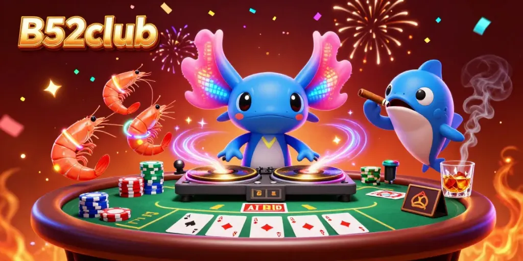 Engage with B52club's vibrant casino atmosphere featuring a neon axolotl DJ and festive poker scene.