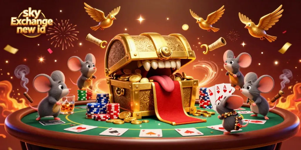 Engaging graphic showcasing the sky exchange new id, featuring a treasure chest and gambling elements.