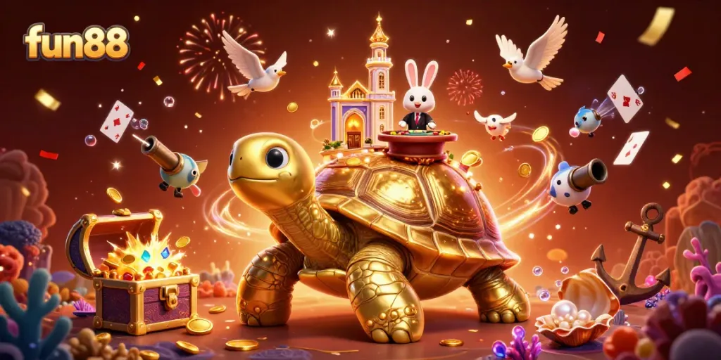 Experience the thrill of fun88 with a vibrant casino scene filled with golden coins and vivid characters.