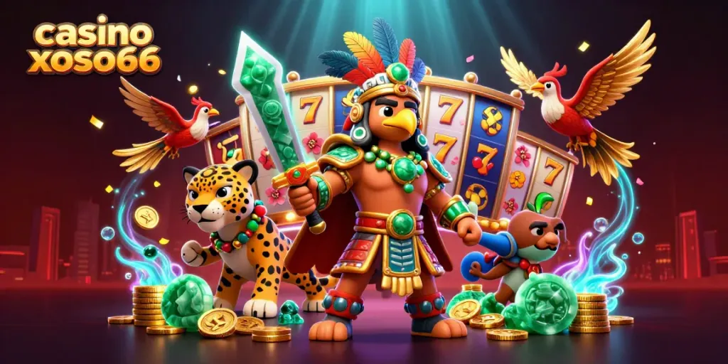 Experience excitement at casino xoso66 with immersive designs of Aztec warriors and vibrant gaming elements.