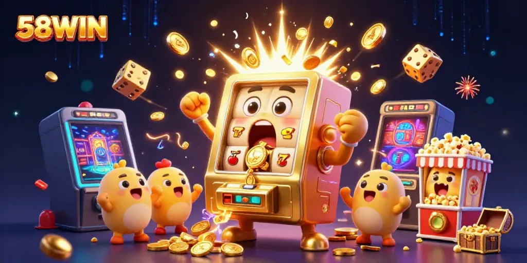 Witness the thrilling jackpot victory at 58WIN as the golden slot machine erupts with coins and cheers!