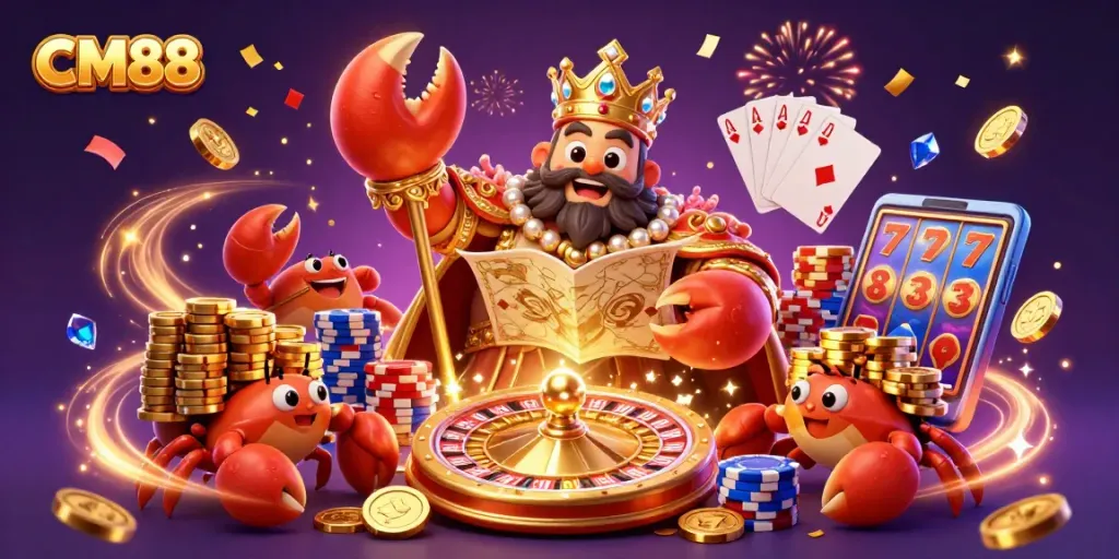 Experience CM88's vibrant casino atmosphere with golden crab emperor amidst cascading riches and dynamic gaming elements.