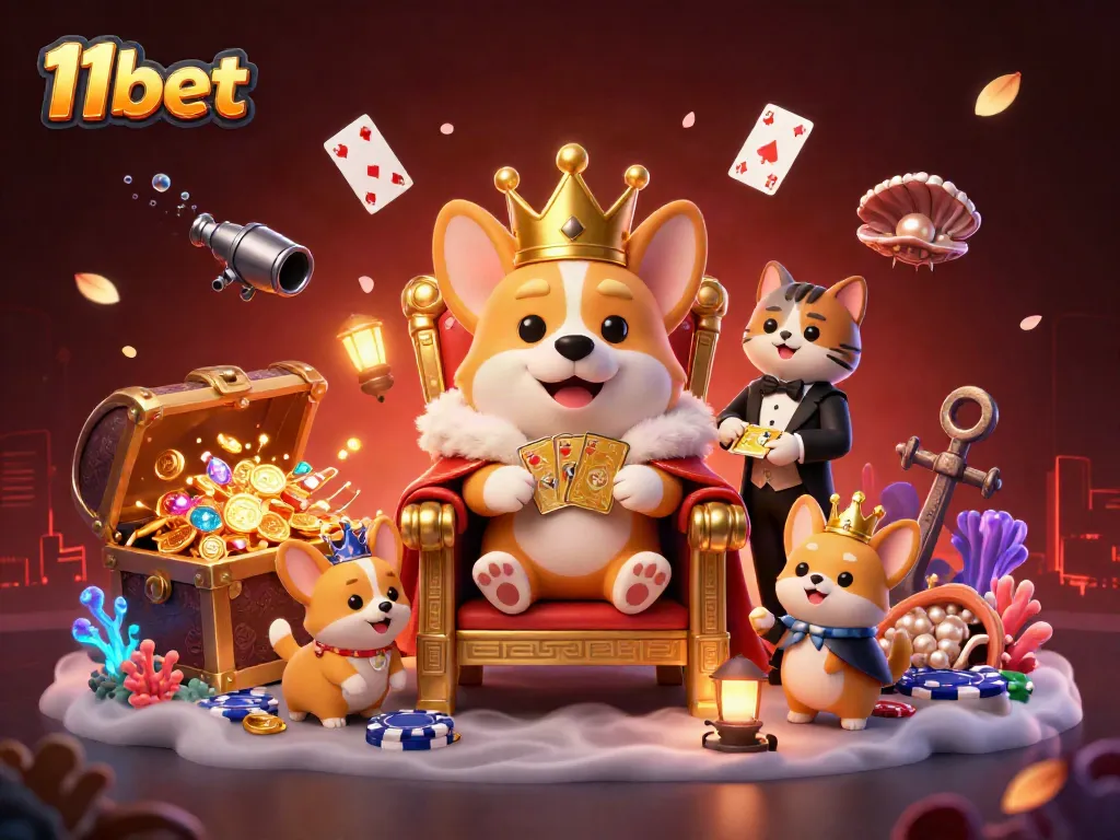 Engage with 11bet's premier gaming experience featuring a royal corgi on poker chips.